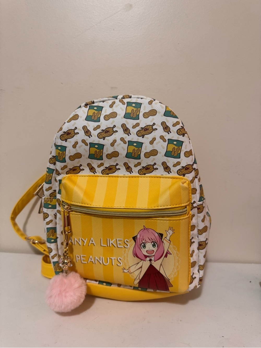Anya Likes Peanuts Yellow Kids Backpack with Pom Pom Charm